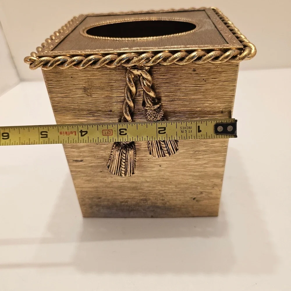 Vintage Stylebuilt Gold Metal Tissue Box Cover Tassel Rope Hollywood Regency MCM